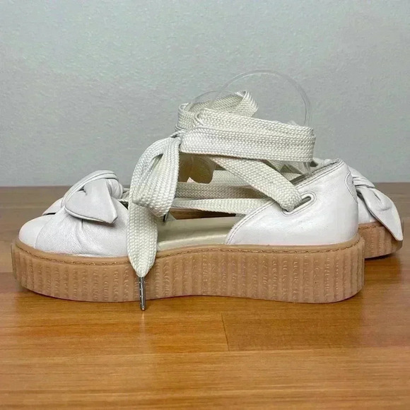 FENTY PUMA Women's 8.5 The Bow Creeper Sandals Cream Leather Lace Up Flatform - Picture 11 of 16